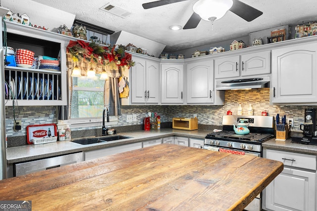 kitchen featuring ceiling fan, under cabinet range hood, white cabinets, stainless steel appliances, and a sink