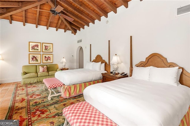 bedroom with visible vents, beamed ceiling, and wooden ceiling