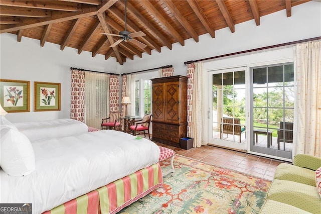 tiled bedroom with access to exterior, wooden ceiling, vaulted ceiling with beams, and a ceiling fan