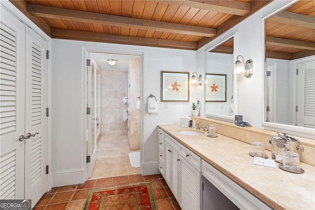 full bath with beamed ceiling, a closet, wooden ceiling, and vanity