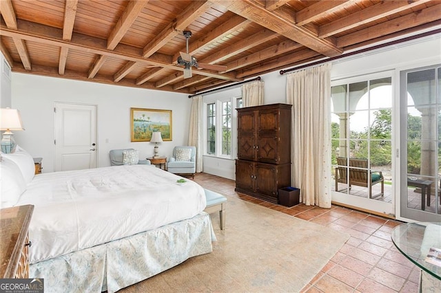 bedroom featuring beam ceiling, wood ceiling, access to exterior, and a ceiling fan