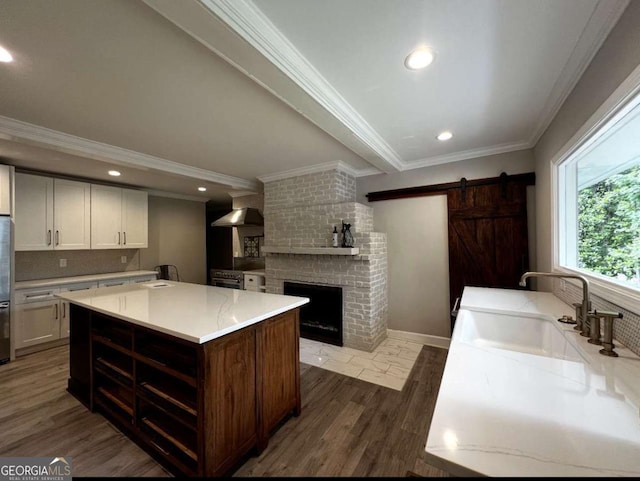 kitchen featuring a barn door, dark wood-style floors, light countertops, and crown molding