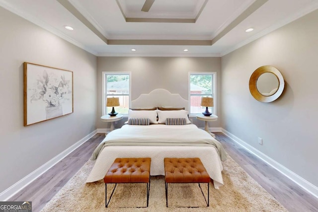 bedroom featuring multiple windows, crown molding, and a raised ceiling