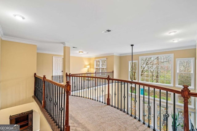 hallway featuring crown molding, carpet, and visible vents