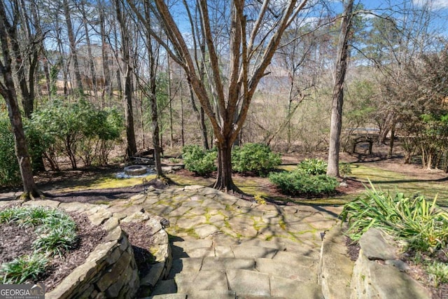 view of yard with a view of trees