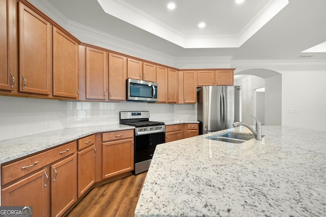 kitchen with dark wood finished floors, a tray ceiling, appliances with stainless steel finishes, arched walkways, and a sink