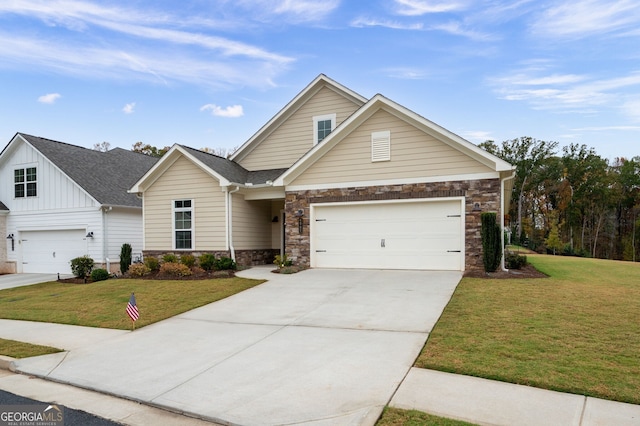 view of front of house with a garage, stone siding, concrete driveway, and a front lawn