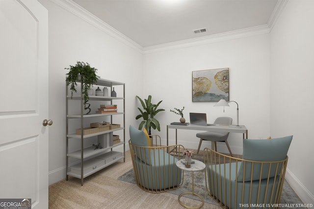 carpeted office space with baseboards, visible vents, and ornamental molding