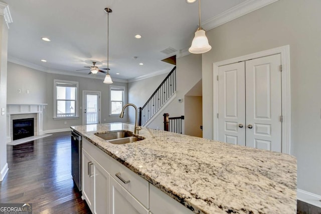 kitchen with crown molding, baseboards, dark wood-style floors, a ceiling fan, and a sink