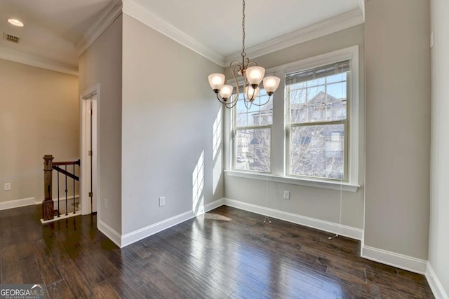 unfurnished dining area featuring dark wood-style floors, a chandelier, and baseboards