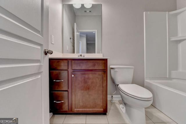 bathroom featuring visible vents, washtub / shower combination, toilet, tile patterned floors, and vanity