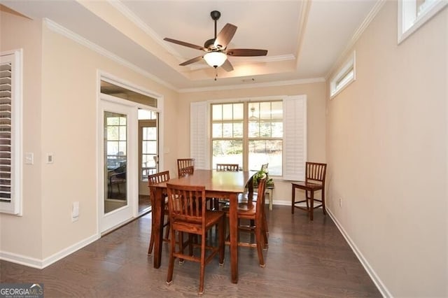 dining space with a raised ceiling, wood finished floors, a ceiling fan, and ornamental molding