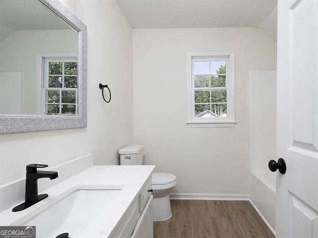 bathroom with baseboards, toilet, vaulted ceiling, wood finished floors, and vanity