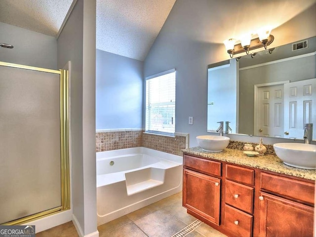 full bath featuring a sink, visible vents, a stall shower, and a bath