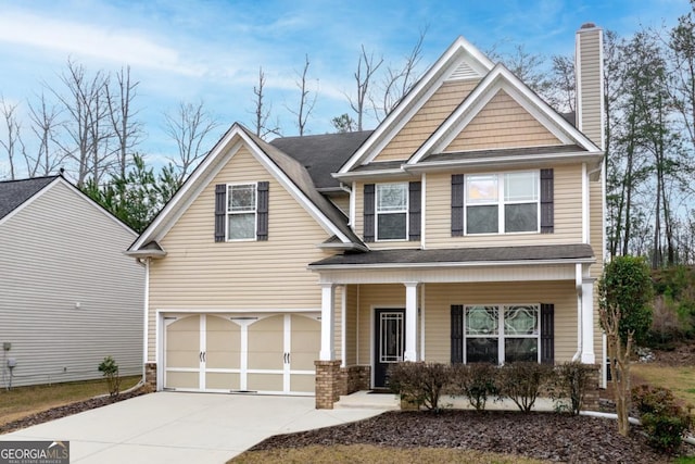 craftsman-style house featuring a chimney, a porch, concrete driveway, and an attached garage