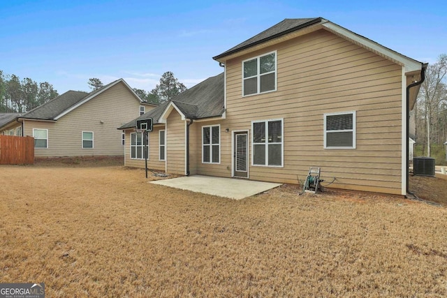 back of house with a patio, fence, roof with shingles, a yard, and central air condition unit