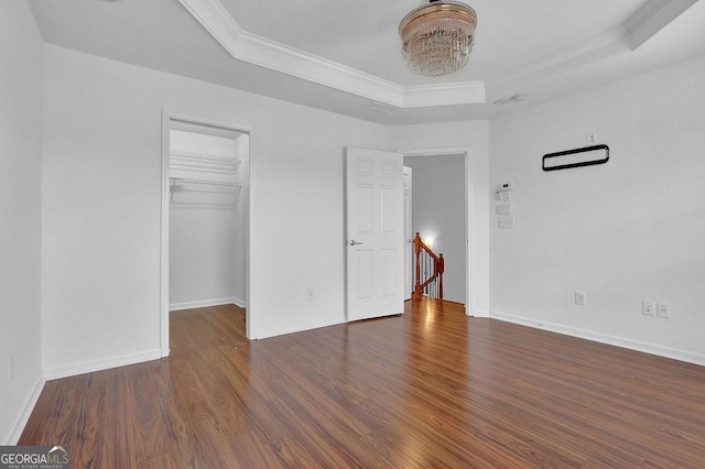 unfurnished bedroom with baseboards, a raised ceiling, wood finished floors, and a spacious closet
