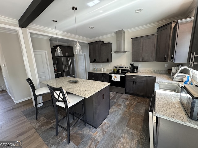 kitchen with crown molding, wall chimney range hood, refrigerator with ice dispenser, stainless steel electric range, and a sink