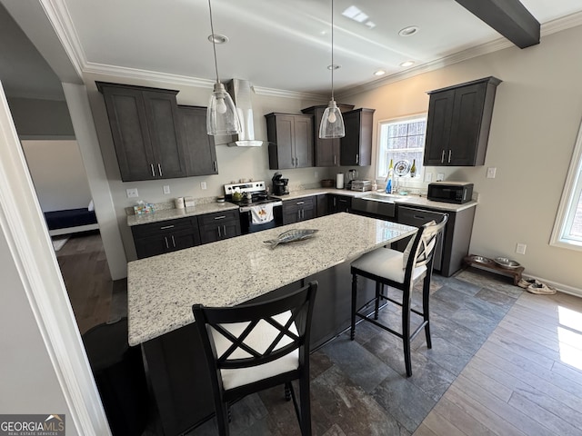 kitchen with dishwasher, ornamental molding, a kitchen breakfast bar, electric range, and wall chimney exhaust hood