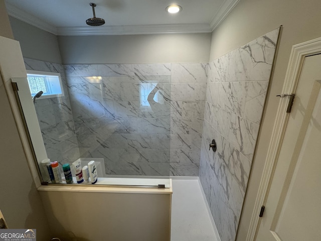 full bath with a walk in shower and ornamental molding