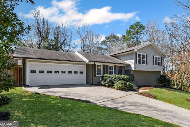 tri-level home with brick siding, an attached garage, a front lawn, roof with shingles, and driveway