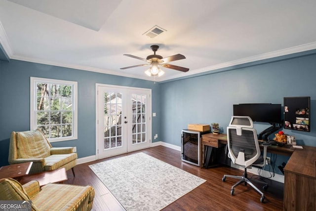 home office with wood finished floors, french doors, visible vents, and ceiling fan