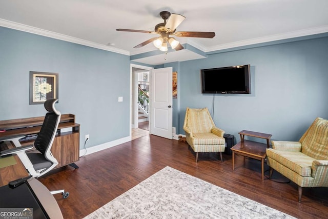 home office with ornamental molding, wood finished floors, and ceiling fan