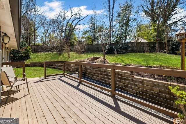 deck featuring a yard and a fenced backyard