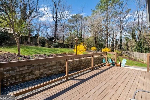 wooden deck featuring a yard and a fenced backyard