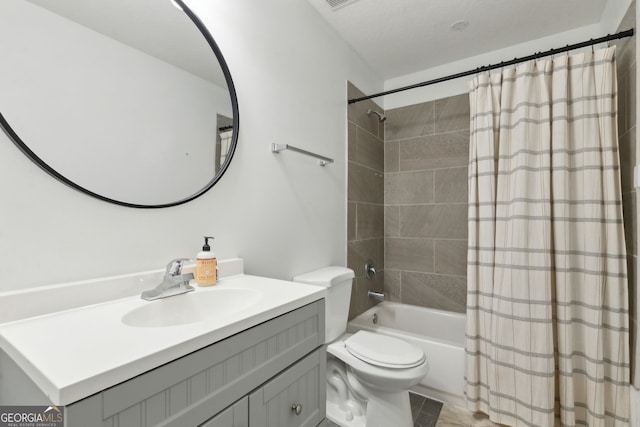 full bath with toilet, vanity, and shower / bath combination with curtain