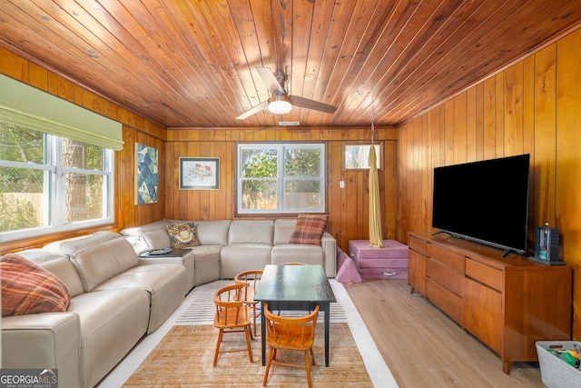 living area featuring light wood-style flooring, wood walls, wood ceiling, and ceiling fan