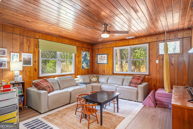 living area with a ceiling fan, wood ceiling, light wood-type flooring, and wood walls