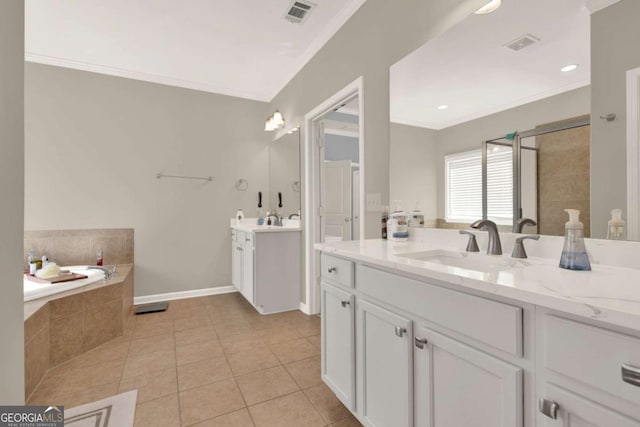 full bathroom featuring a sink, tile patterned floors, visible vents, and ornamental molding