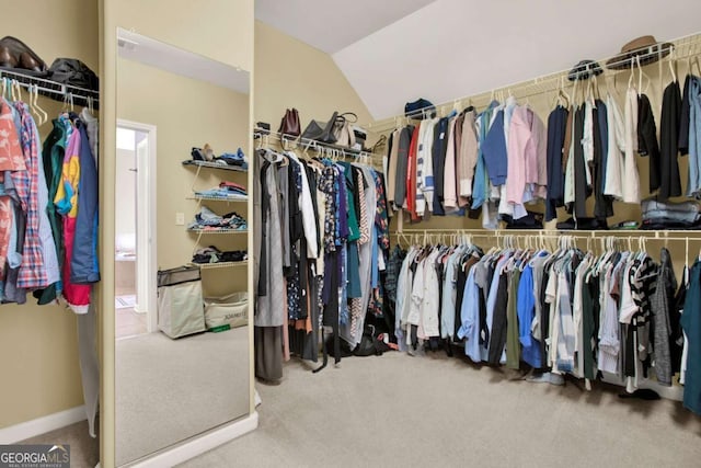 walk in closet featuring lofted ceiling and carpet