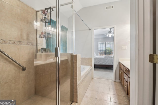 ensuite bathroom featuring visible vents, ensuite bath, a stall shower, ceiling fan, and tile patterned flooring