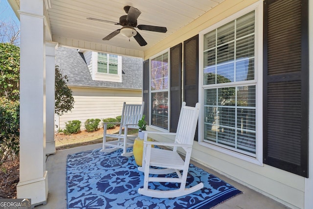 view of patio / terrace with a porch and a ceiling fan