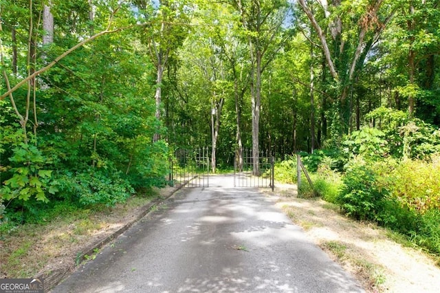 view of road featuring a forest view and a gate