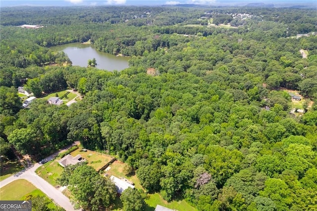 bird's eye view with a wooded view and a water view