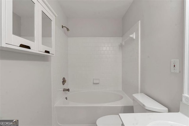 full bathroom with toilet, vanity, and bathing tub / shower combination