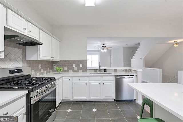 kitchen featuring a ceiling fan, a sink, stainless steel appliances, under cabinet range hood, and tasteful backsplash