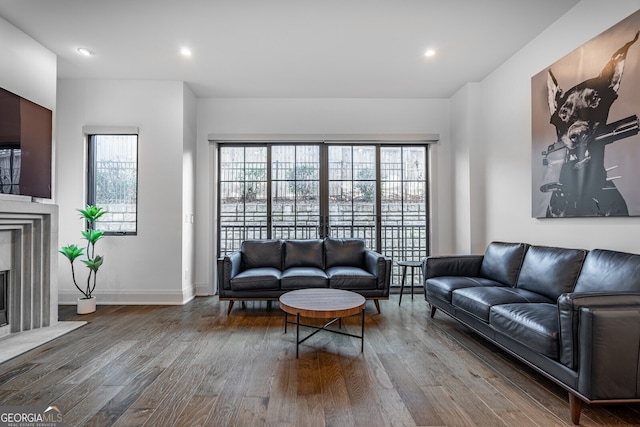 living area with a fireplace, baseboards, wood finished floors, and recessed lighting