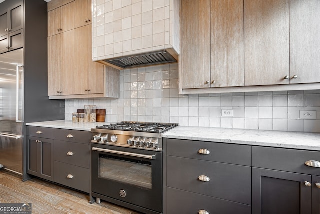kitchen with light wood-style flooring, backsplash, gray cabinetry, light stone counters, and high quality appliances
