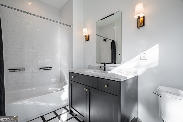 bathroom featuring shower / bath combination with curtain, toilet, and vanity
