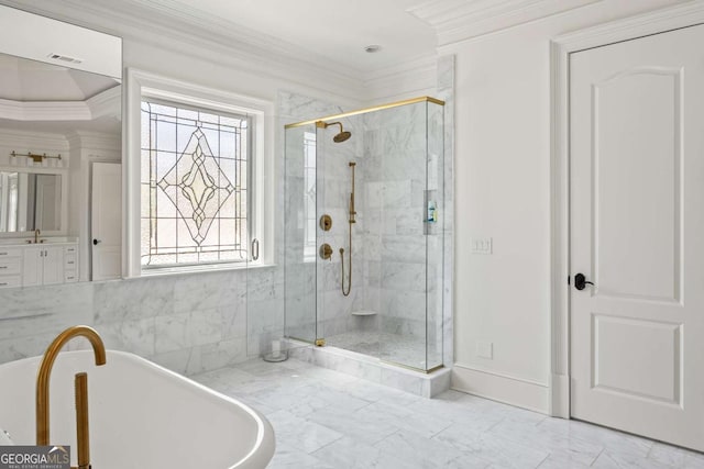 full bathroom featuring a soaking tub, visible vents, marble finish floor, and crown molding