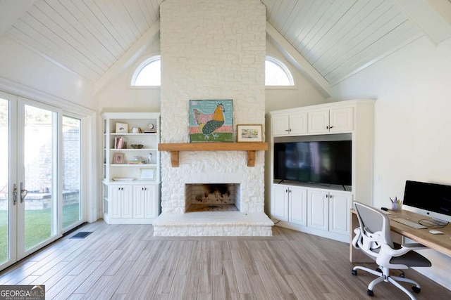 office area featuring a stone fireplace, wooden ceiling, wood finished floors, and visible vents