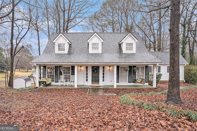 cape cod house featuring an outbuilding, a porch, and roof with shingles