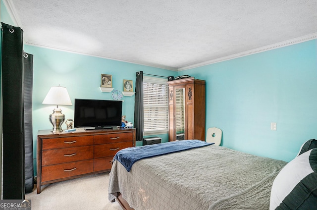 bedroom with light colored carpet, a textured ceiling, and crown molding