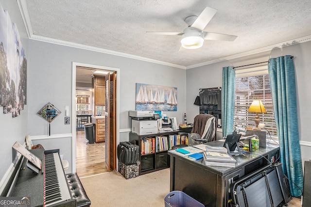 office area with light carpet, a ceiling fan, a textured ceiling, crown molding, and baseboards