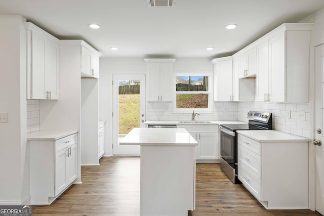 kitchen featuring stainless steel electric stove, wood finished floors, a kitchen island, and a sink