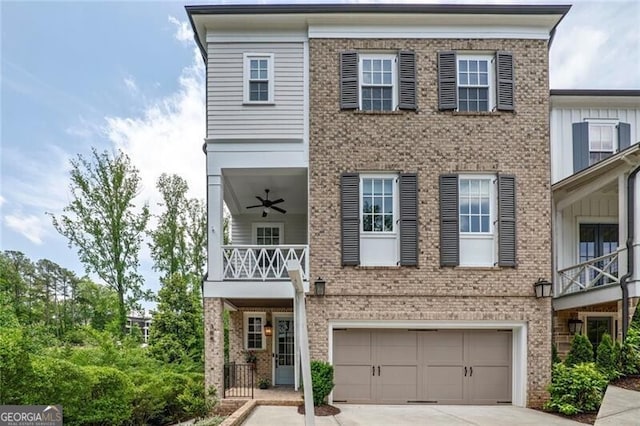385 Rowes Cir, Alpharetta, GA 30009 - view of property with a balcony, an attached garage, concrete driveway, and brick siding